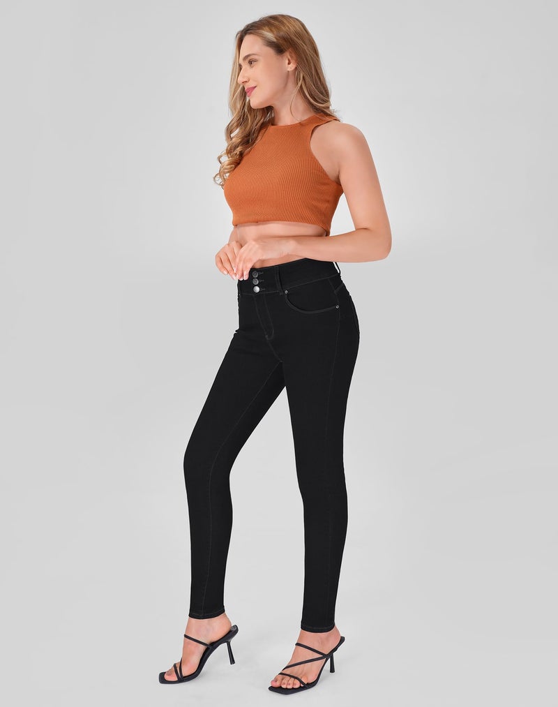 roswear Women's Stretchy Skinny Jeans High Waist Tummy Control Jeggings Slim Fit Denim Pants Black - Image 3